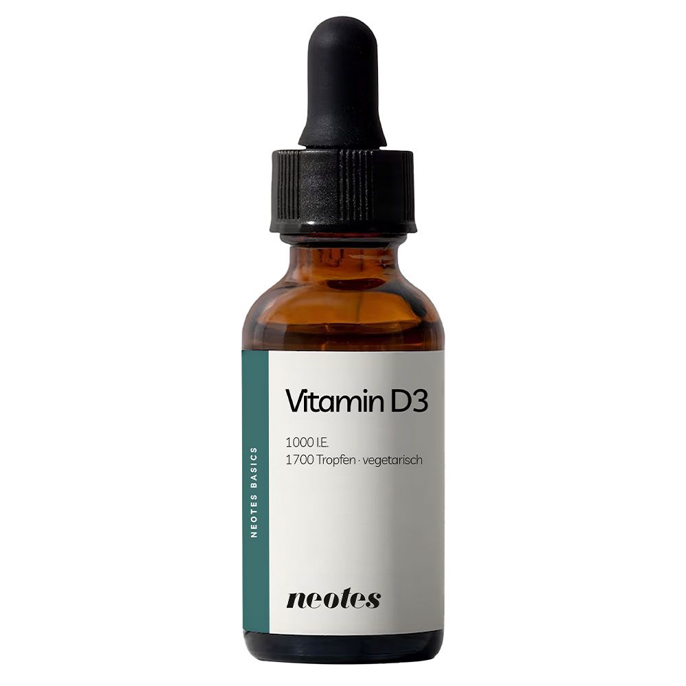 Braune Glasflasche mit schwarzem Tropfer. Etikett mit "Vitamin D3" und "neotes" Schriftzug. 1000 IE, 1700 Tropfen-vegetarisch.
