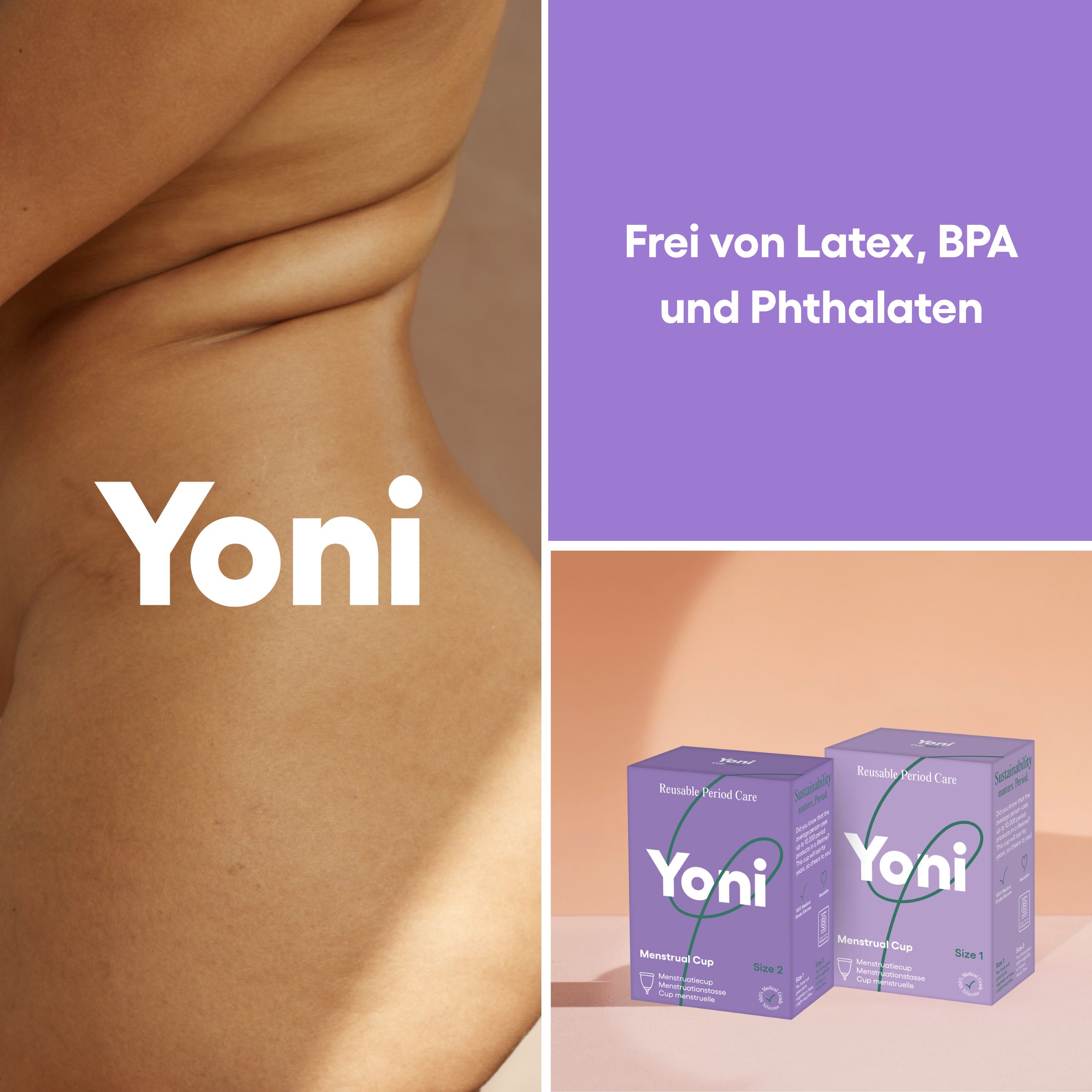 Lila Verpackung mit "Yoni" Schriftzug. Menstruationstasse, Größe 2. Medizinische Silikon.