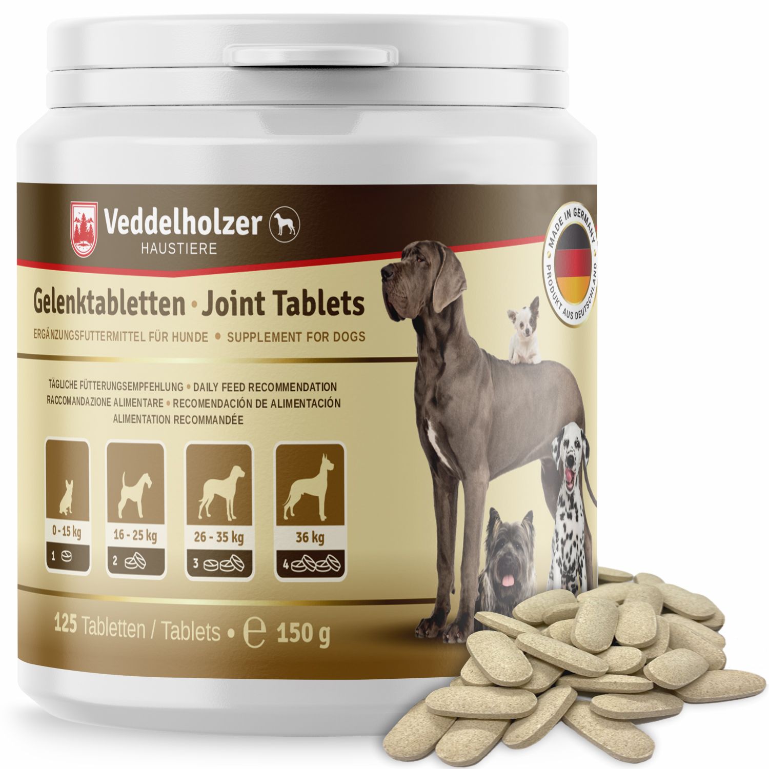Weißes Tabletten-Behälter mit Produktnamen und Hundeabbildung. Tabletten daneben. Mit deutscher Flagge.