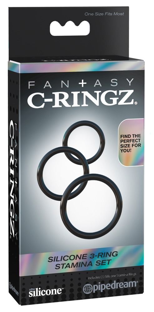 Verpackung mit drei schwarzen Silikonringen. Text: Fantasy C-Ringz, Silicone 3-Ring Stamina Set.