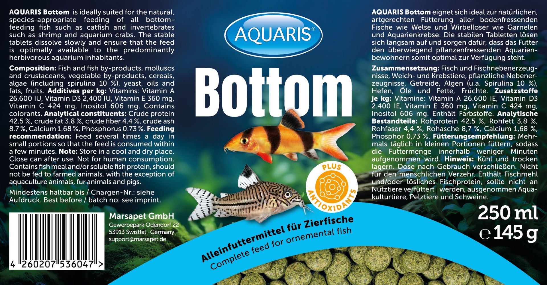 Etikett mit AQUARIS Bottom. Text: Alleinfuttermittel für Zierfische. 250 ml.
