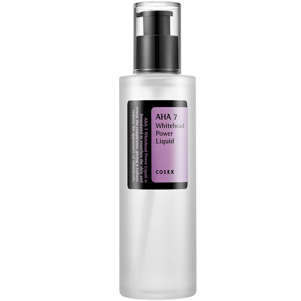 Flasche AHA 7 Whitehead Power Liquid mit schwarzem Pumpspender und Etikett.