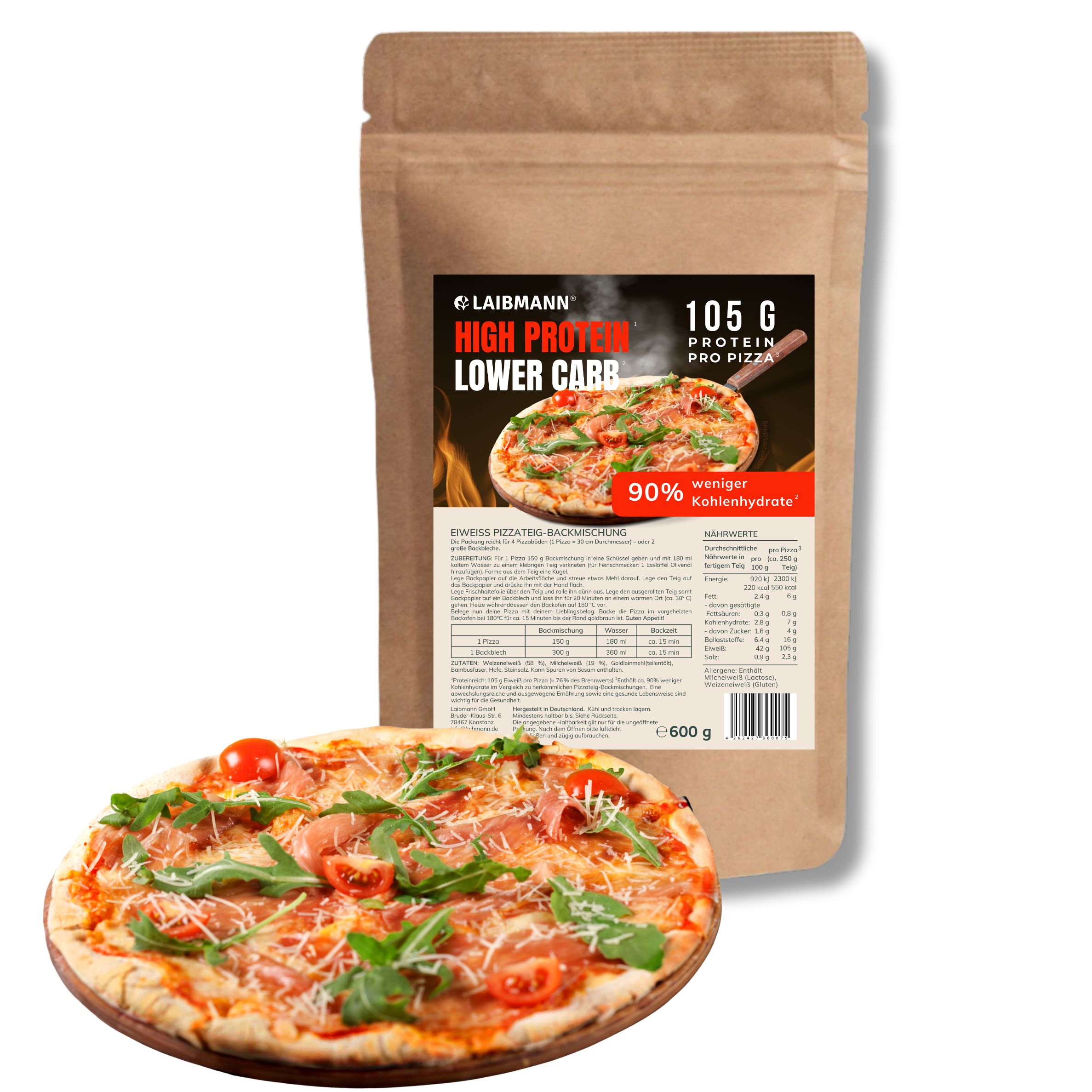 Lower Carb High Protein Pizzateig Backmischung | Fitness, Diät & Keto 4x große Pizza 600 g Pulver