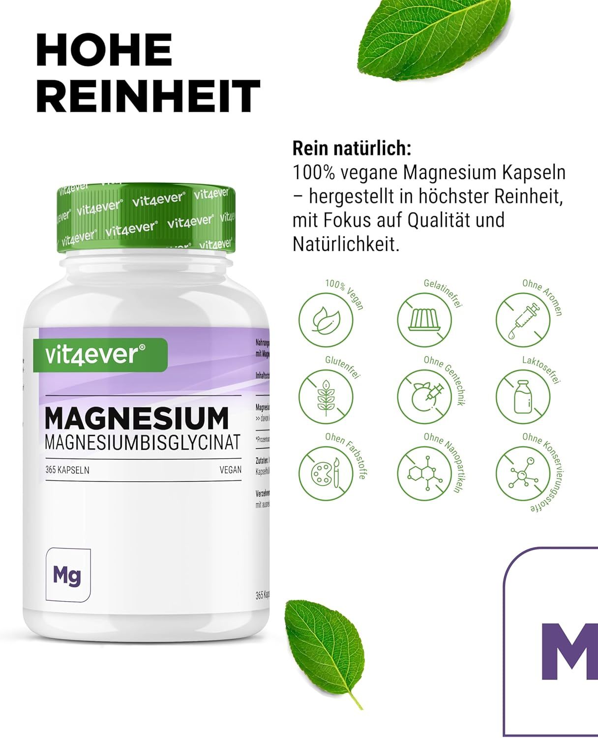 Vit4ever Magnesium-Kapseldose, vegan, ohne Zusatzstoffe, hohe Reinheit.