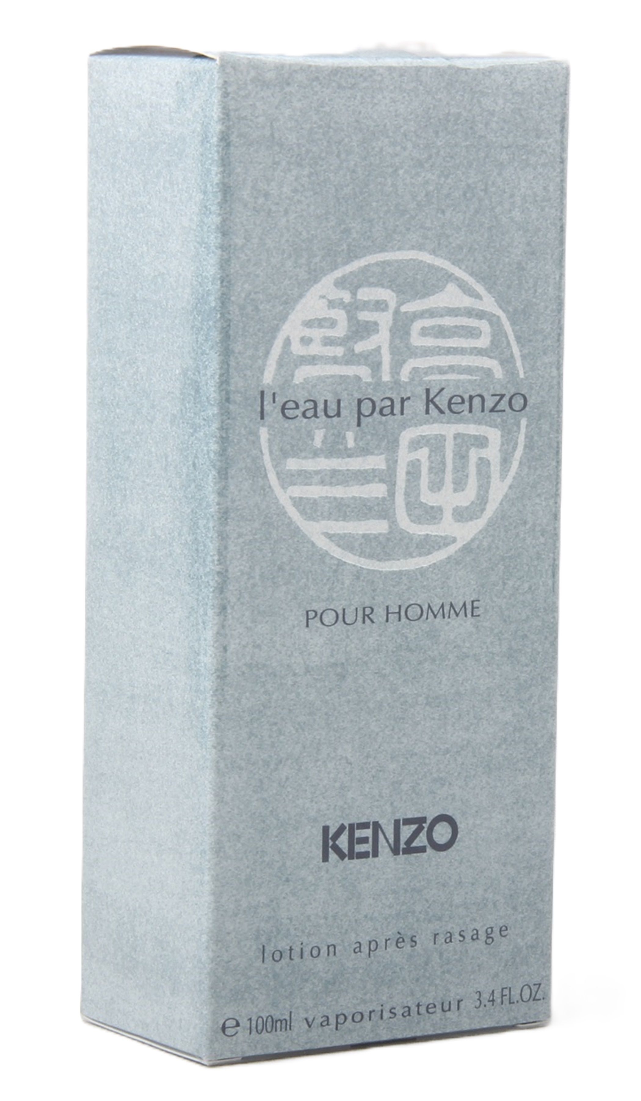 Graue rechteckige Schachtel. Oben steht "l'eau par Kenzo POUR HOMME". Darunter steht "KENZO" und "lotion après rasage".