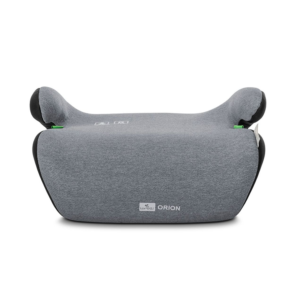Grauer Kindersitz mit seitlichen Armlehnen und ECE R129 Zertifizierung.