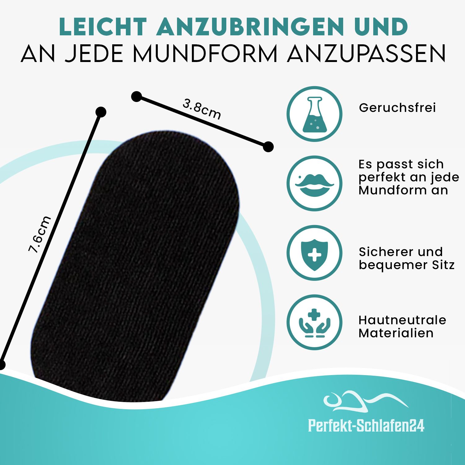 Schwarzes Mundpflaster mit Maßen: 7,6 x 3,8 cm. Eigenschaften: geruchsfrei, anpassbar, sicherer Sitz, hautfreundlich. Logo: Perfekt-Schlafen24.