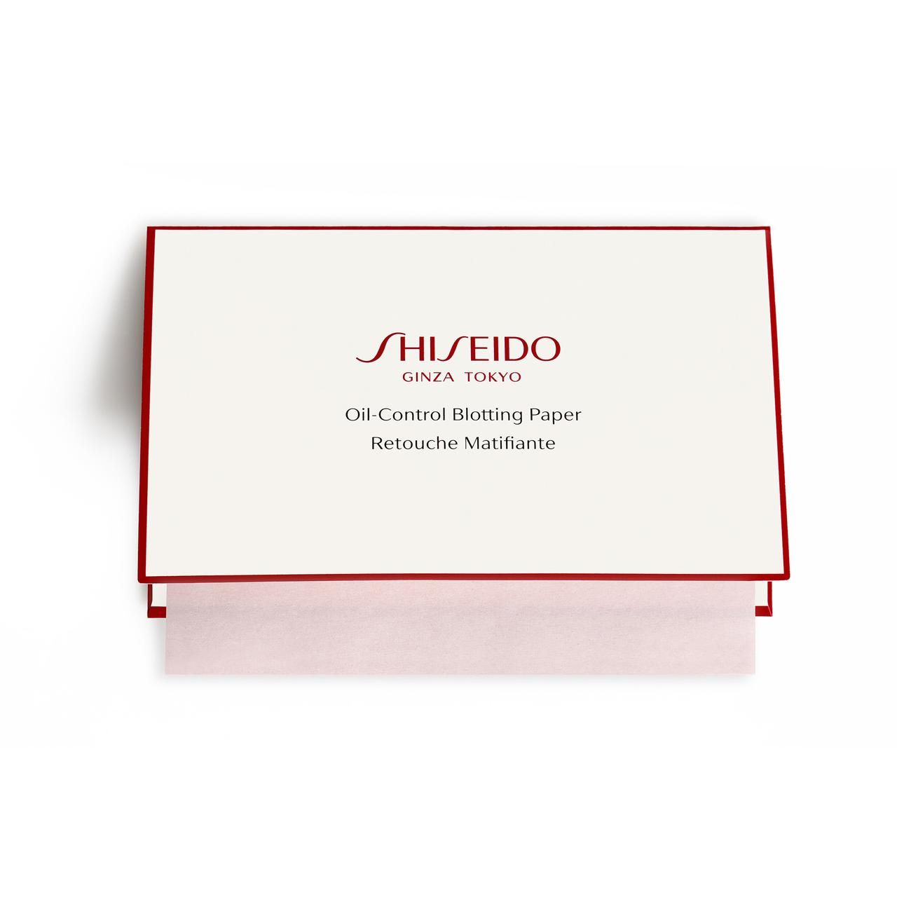 Schachtel mit Shiseido-Öl-Kontroll-Blotting-Papier. Rote Umrandung, Logo und Produktbezeichnung. Ein paar Blätter sind sichtbar.