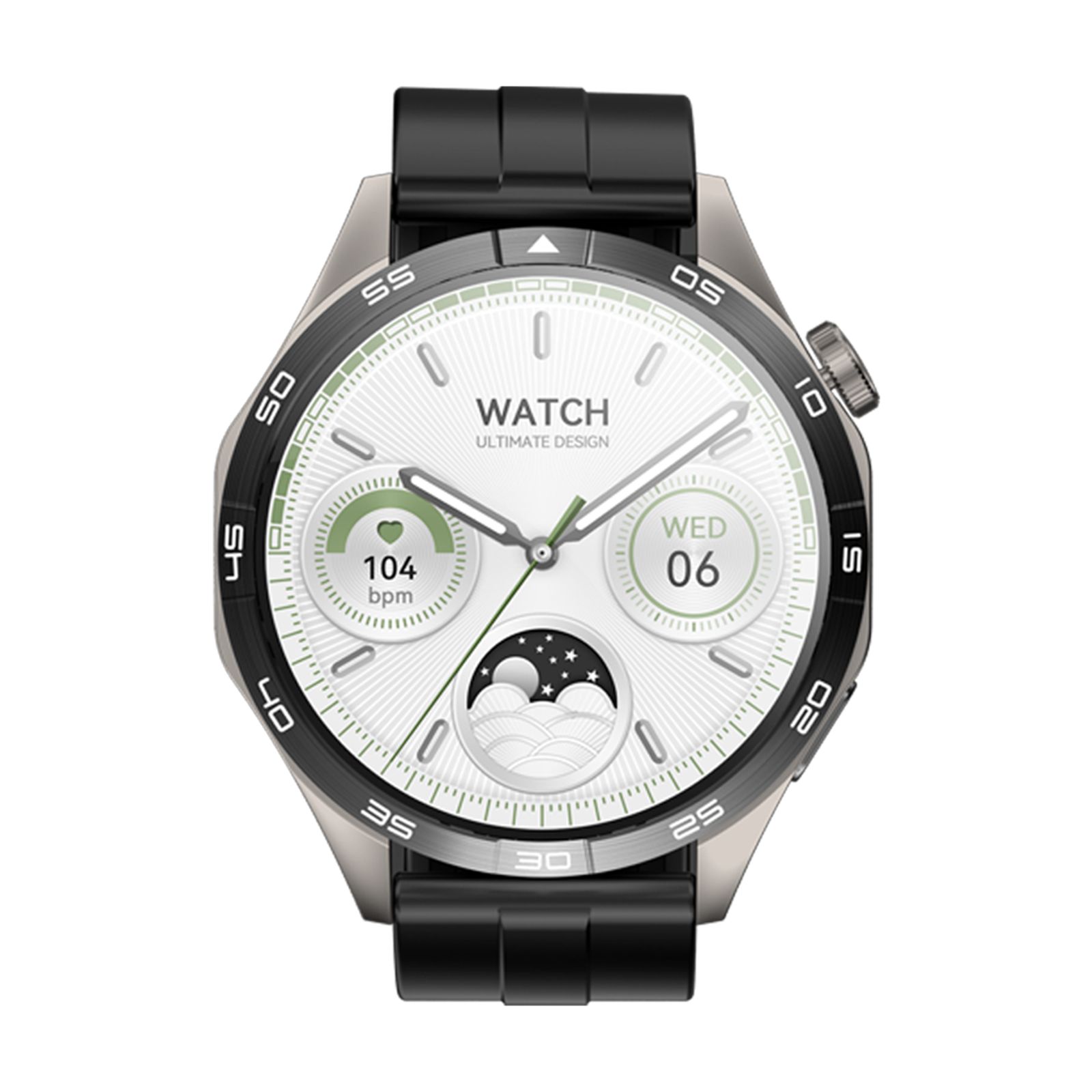 Smartwatch mit schwarzem Armband und silberfarbenem Gehäuse. Weißes Zifferblatt mit grünen Akzenten. Datumsanzeige und Mondphase.