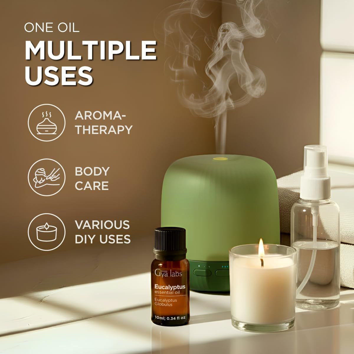 Grüner Diffusor, Ölflasche, Kerze und Sprühflasche. Text: Ein Öl, mehrere Anwendungen: Aromatherapie, Körperpflege, DIY-Anwendungen.