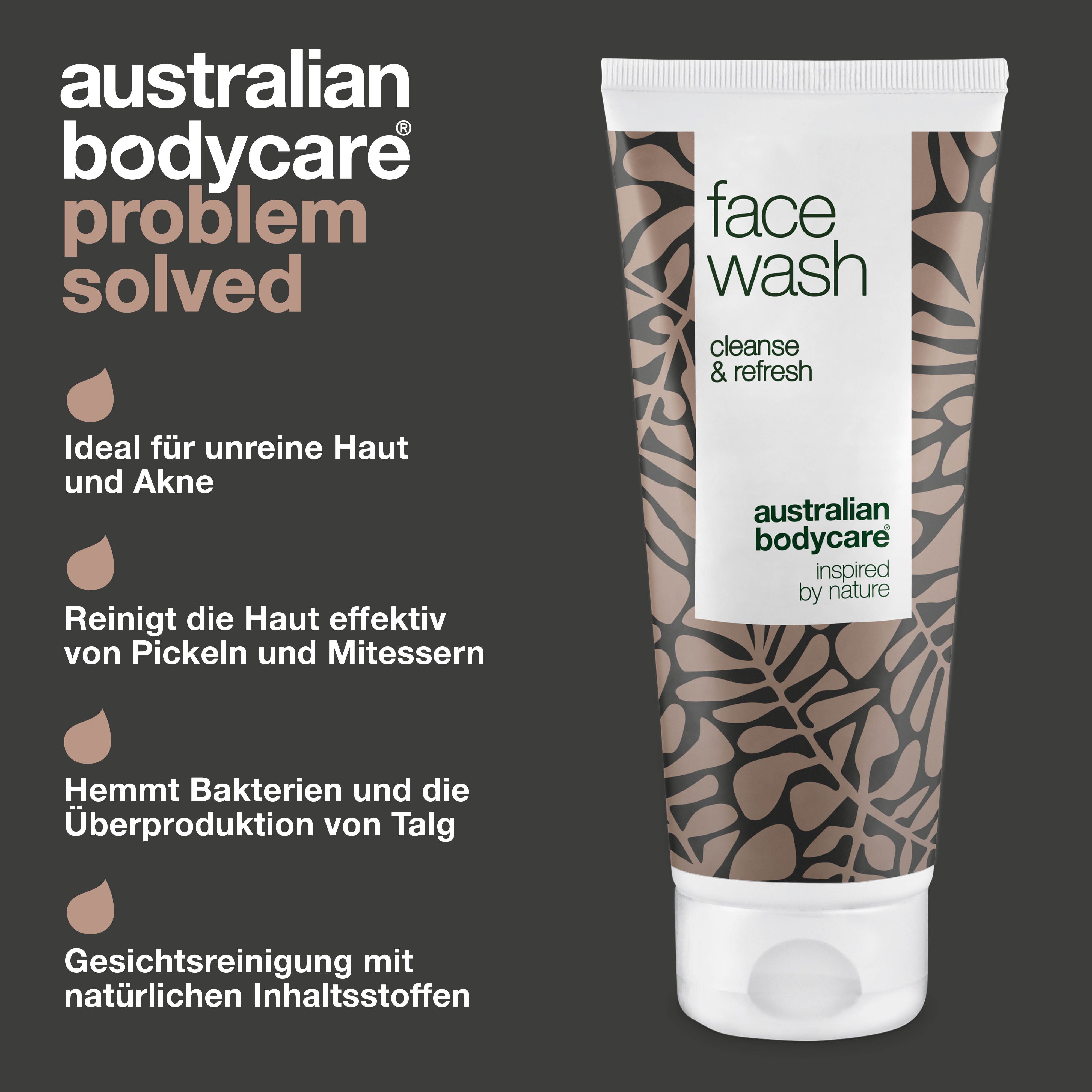Gesichtswaschgel. Aufschrift: face wash, cleanse & refresh. Marke: Australian Bodycare.
