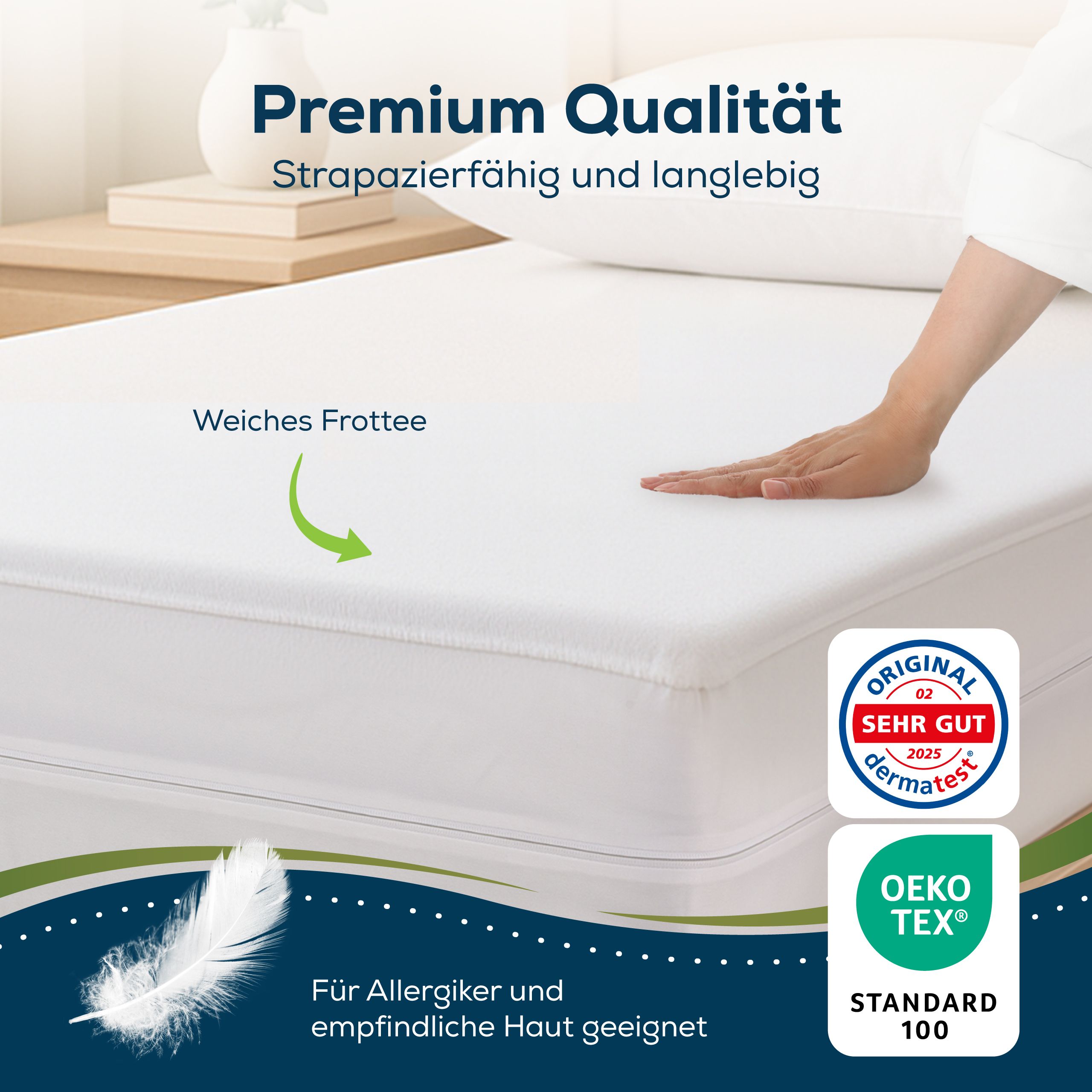 Weißer Matratzenbezug. Weiches Frottee. Oeko-Tex-Zertifizierung. Text: Für Allergiker und empfindliche Haut geeignet.