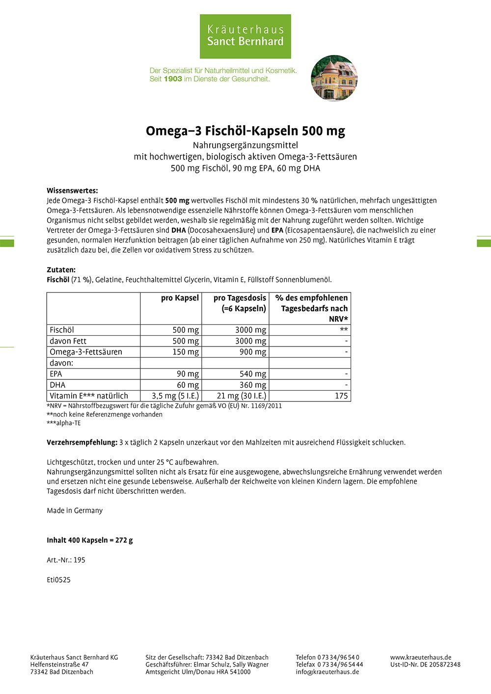 Produktinformationen zu Omega-3-Fischöl-Kapseln. Text mit Inhaltsstoffen, Nährwertangaben und Herstellerinformationen. Grün-weißes Layout.