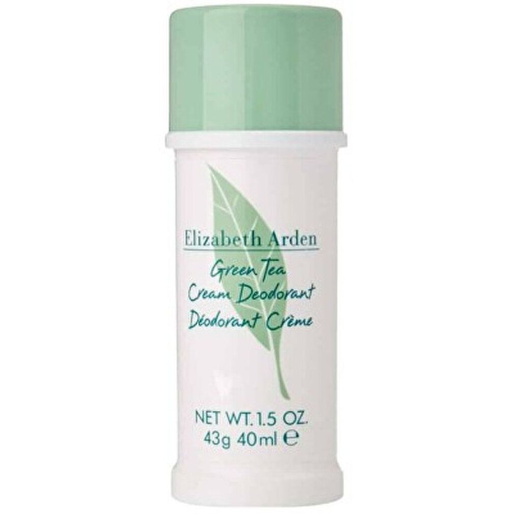 Weißer Deostift mit grünem Deckel. Aufschrift: Elizabeth Arden Green Tea. Blatt-Logo. 1.5 OZ, 43g, 40ml.
