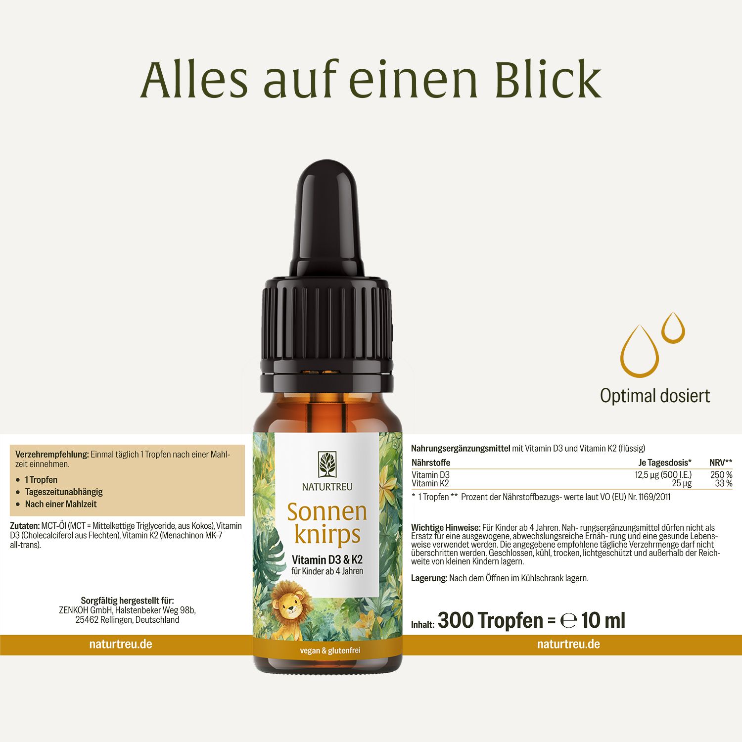 Braunes Glasfläschchen mit Pipette, enthält Sonnenknirps Vitamin D3 & K2 für Kinder ab 4 Jahren.