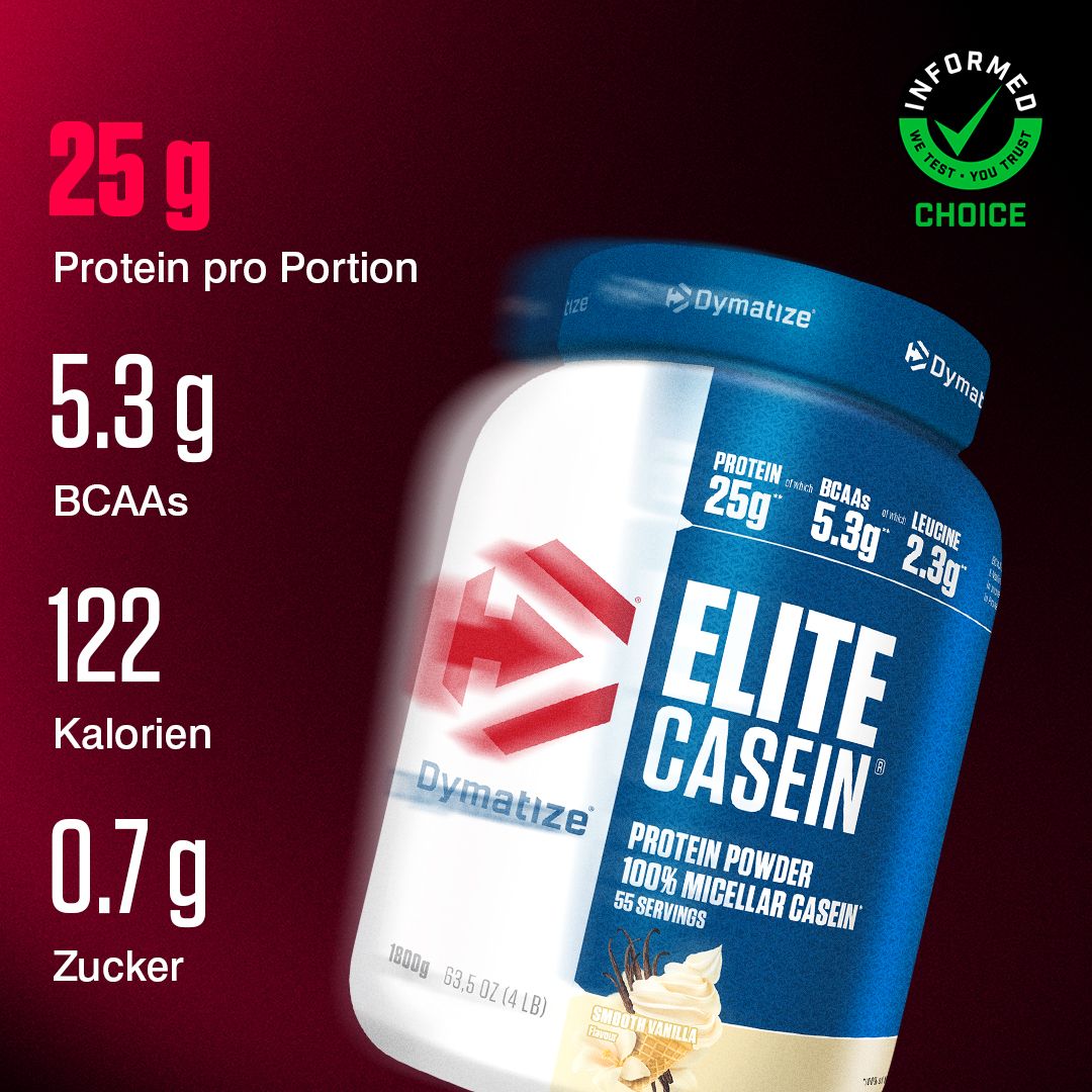 Dymatize Elite Casein Protein Pulver, 25g Protein, 5.3g BCAAs, 122 Kalorien pro Portion.