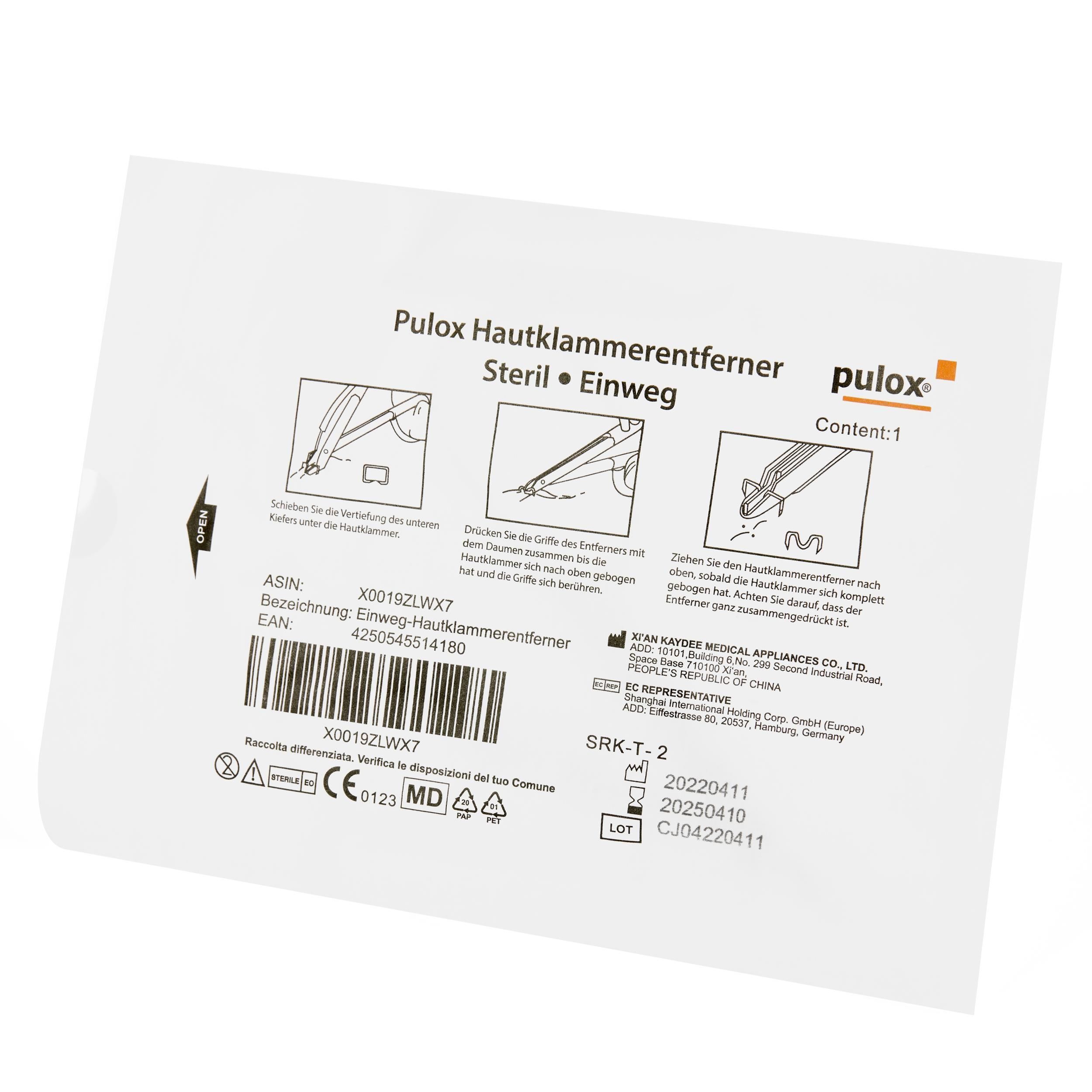Verpackung des Hautklammerentferners. Produktname, sterile und Einweg-Kennzeichnung. Anweisungen und Herstellerinformationen.
