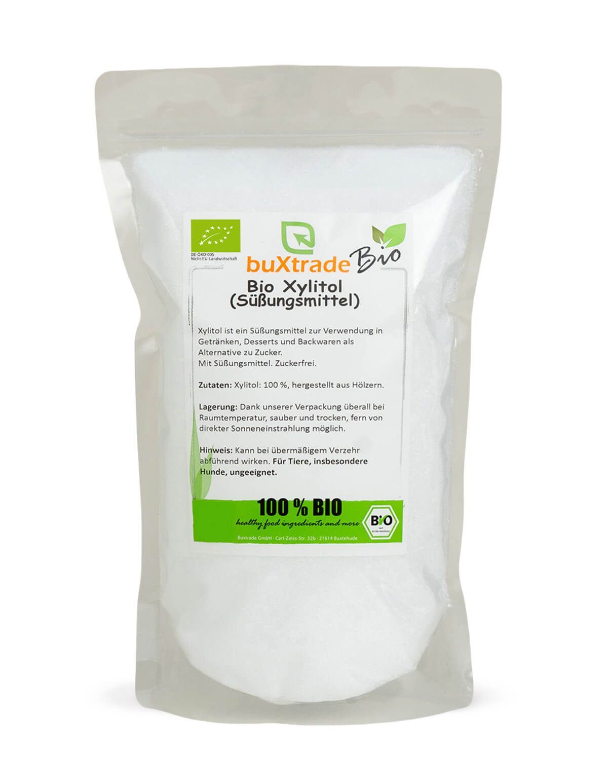 Buxtrade Bio Xylitol Süßungsmittel in einem weißen Standbeutel mit Etikett.