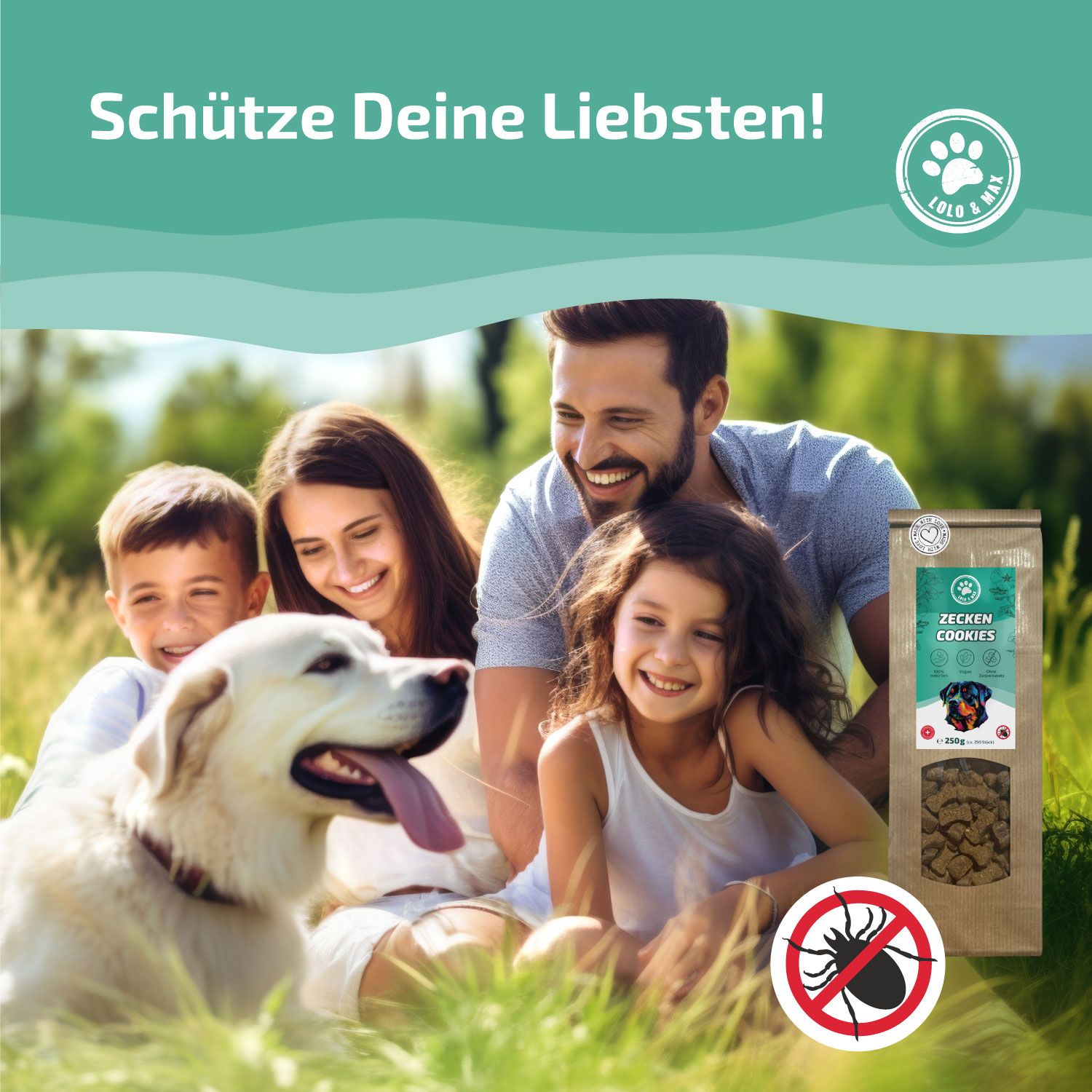 Familie mit Hund im Gras. Rechts eine Tüte Lolo & Max Zecken Cookies. Auf der Tüte ist ein Hund abgebildet.
