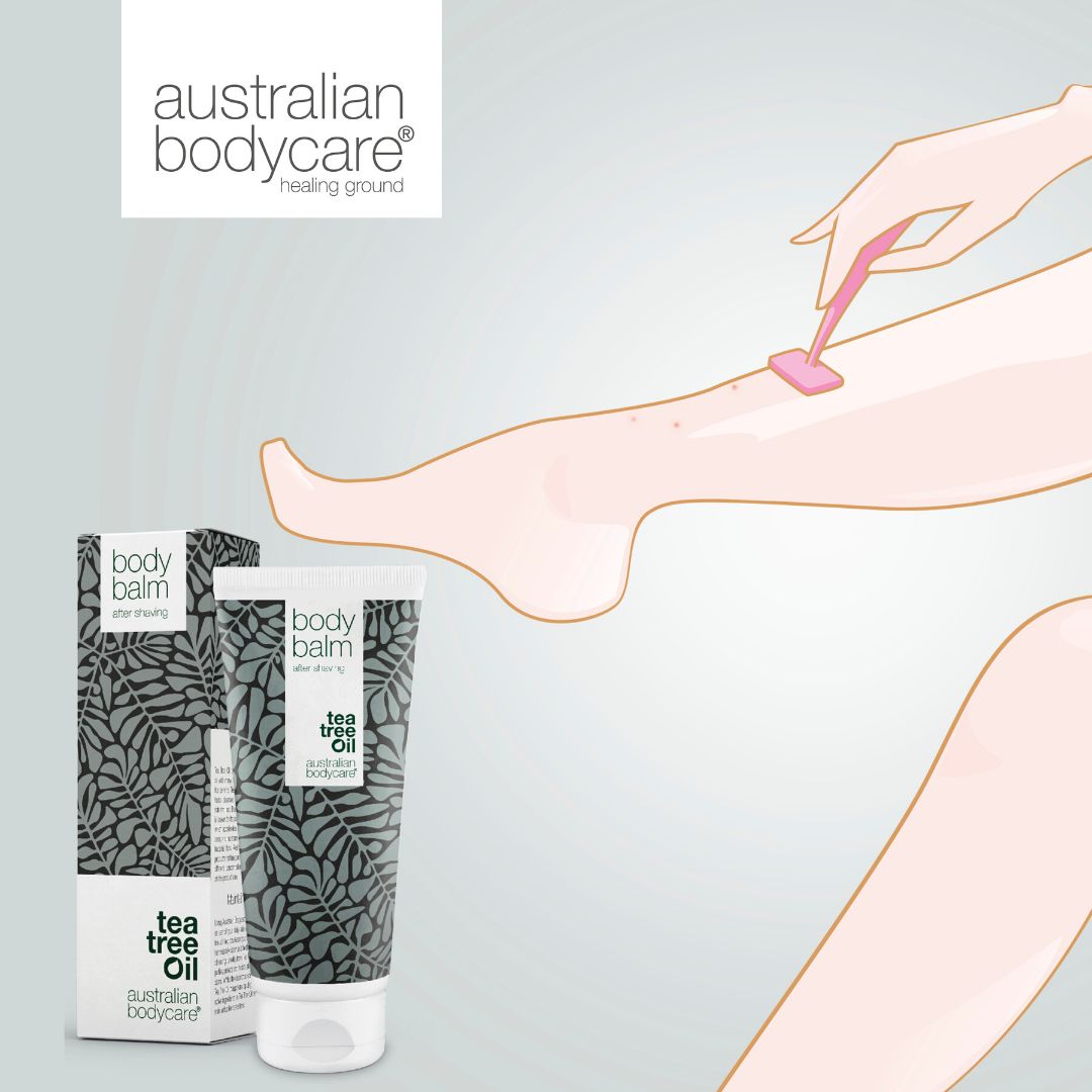 Illustration: Person rasiert Bein. Produkte: Body Balm und Verpackung. Marke: Australian Bodycare.
