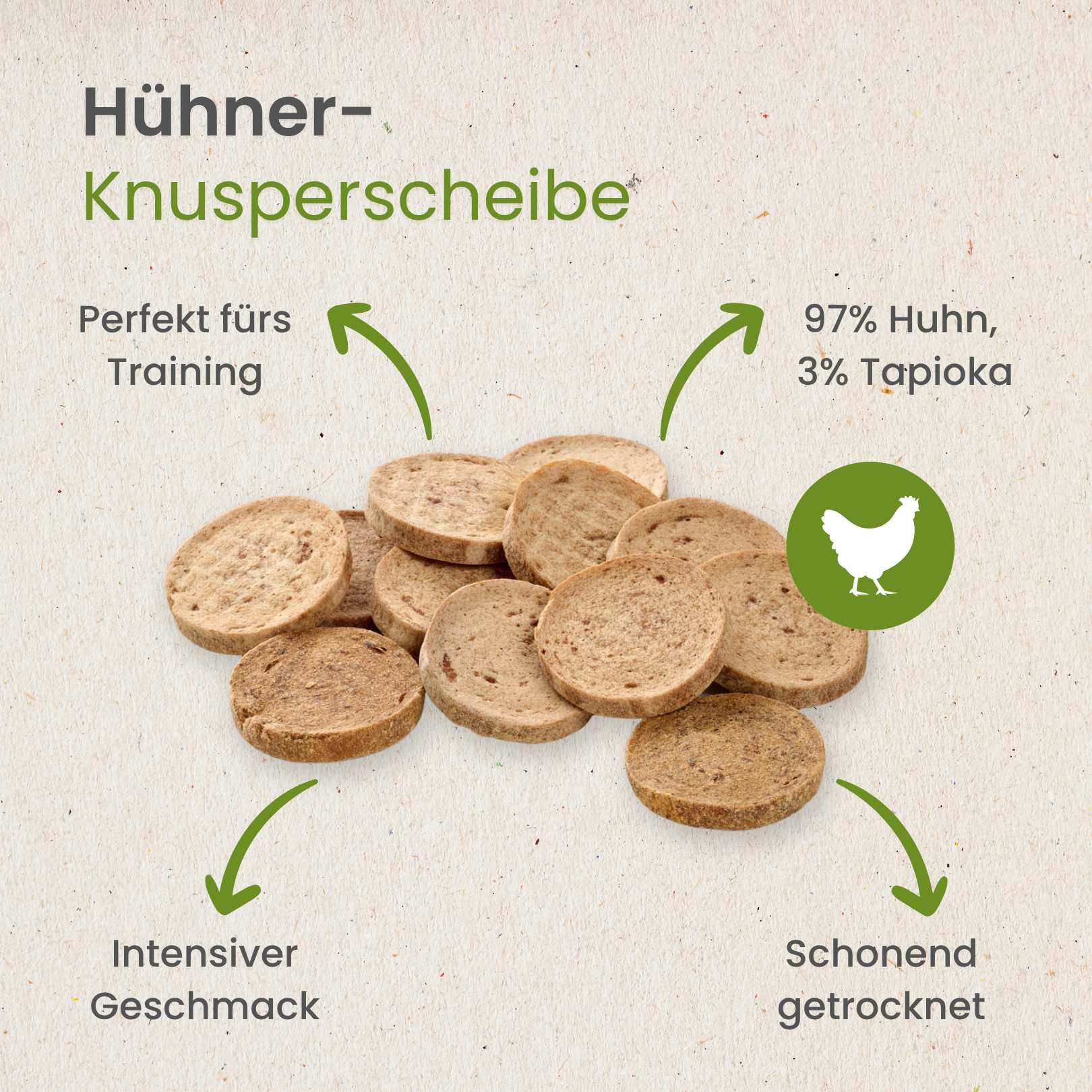 Hundefutter: Hühner-Knupsperscheiben, auf weißem Hintergrund.