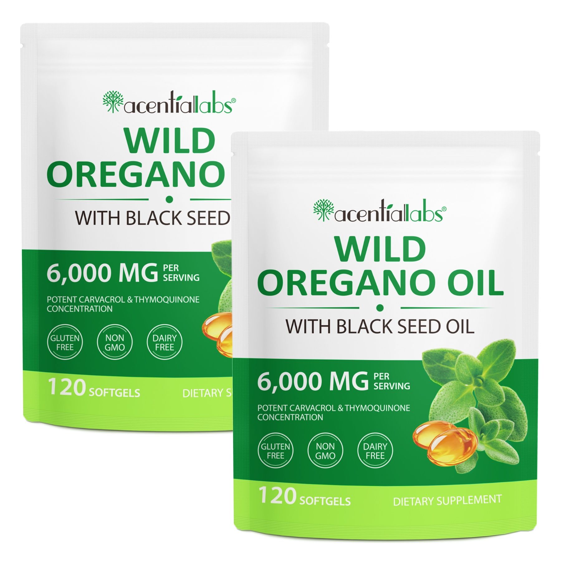 Zwei weiße Beutel mit Softgels. Text: Aliver, Wild Oregano Oil, 6.000 mg, 120 Softgels. Glutenfrei, Non-GMO, Dairy Free.