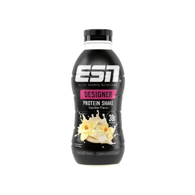 ESN Designer Protein Shake, Vanille-Geschmack. Schwarze Flasche mit weißem Etikett. Enthält 38g Protein. Laktosefrei, ohne Zuckerzusatz.