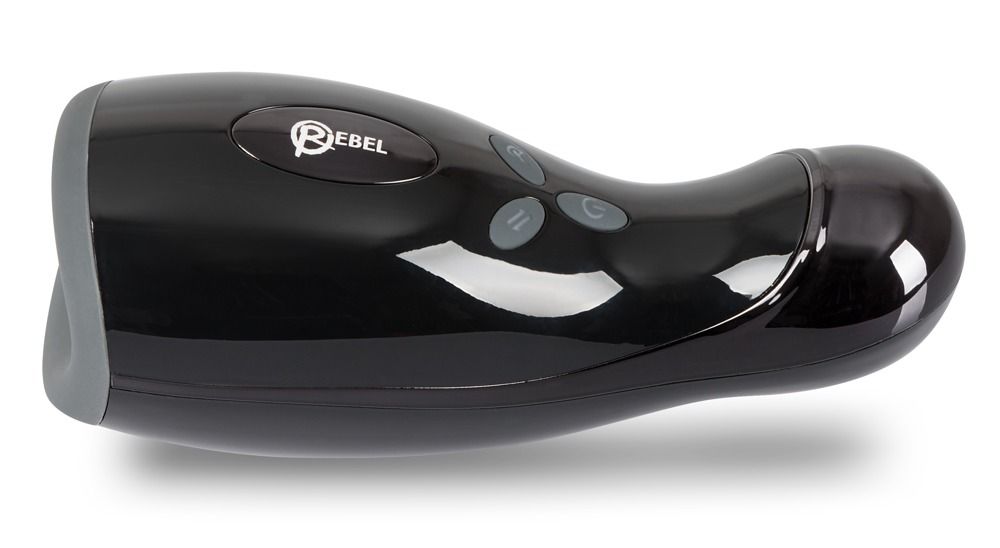 Schwarzes Gerät mit grauer Öffnung. Glänzende Oberfläche. Zwei Knöpfe. Marke Rebel.