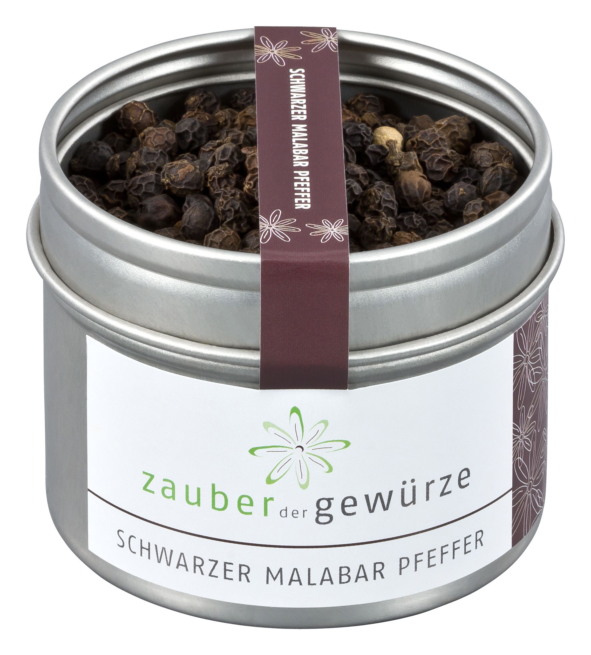 Dose mit schwarzem Malabar-Pfeffer. Aufschrift: Zauber der Gewürze, Schwarzer Malabar Pfeffer. Deckel mit Band.