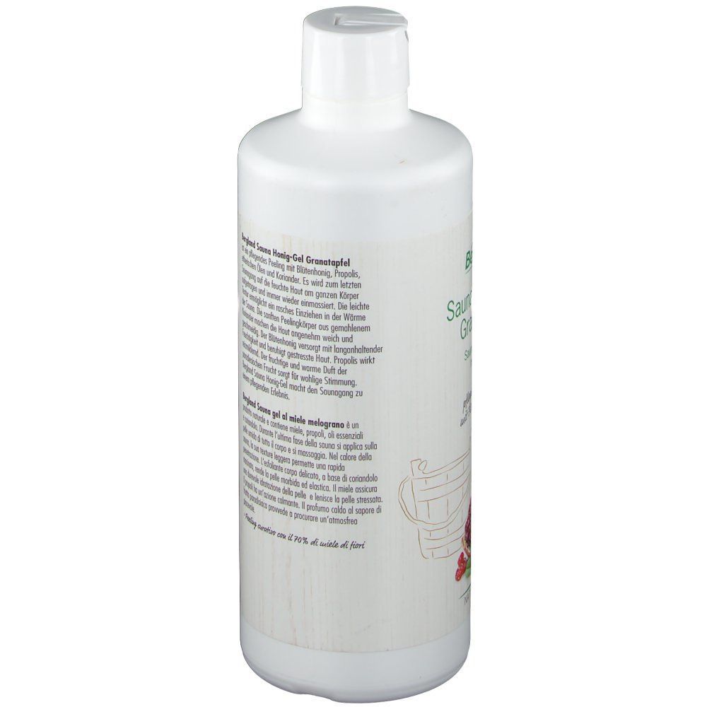 Weiße Flasche mit Schraubverschluss. Aufkleber mit Text. Rückansicht. Text in deutscher und italienischer Sprache.