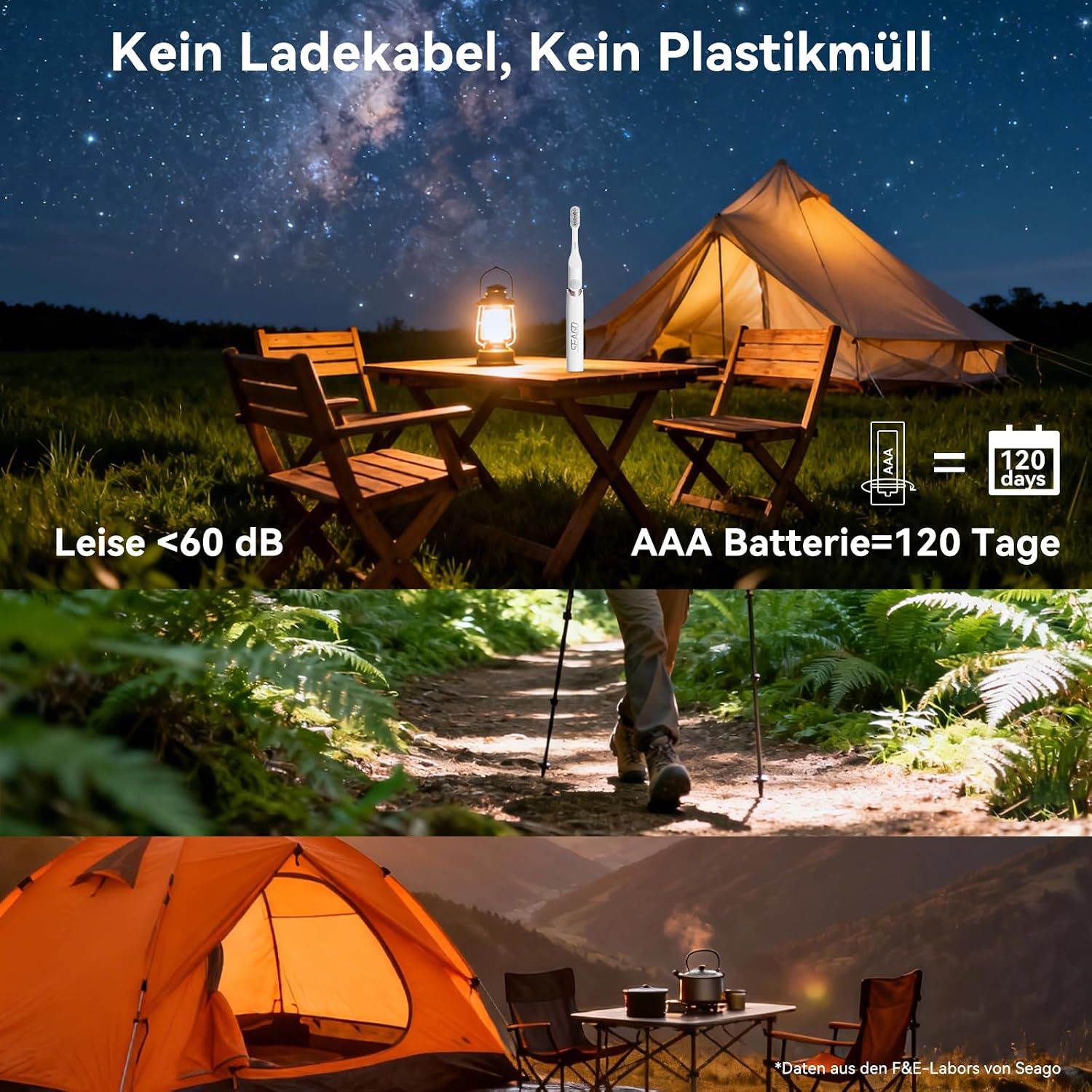 Elektrische Zahnbürste im Camping-Setting, batteriebetrieben für 120 Tage.