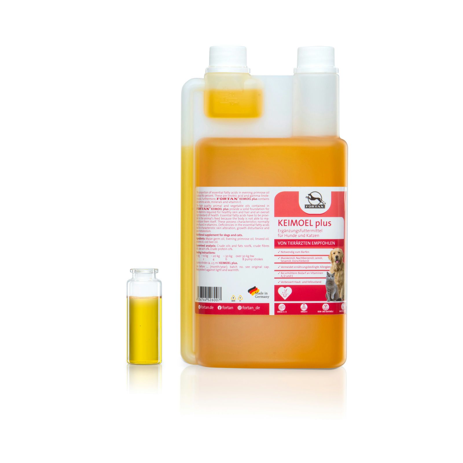 FORTAN Keimöl plus, Ergänzungsfuttermittel. Flasche mit gelber Flüssigkeit, daneben eine kleine Flasche. Für Hunde und Katzen.