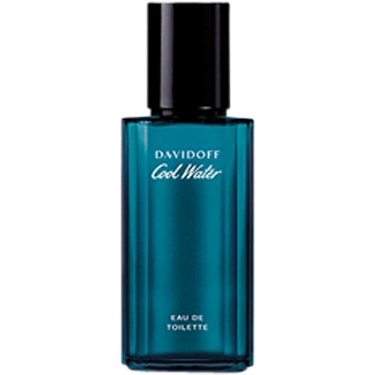 Davidoff Cool Water Eau de Toilette Spray. Blaues Glas, schwarzer Deckel. Schriftzug und Produktbezeichnung.