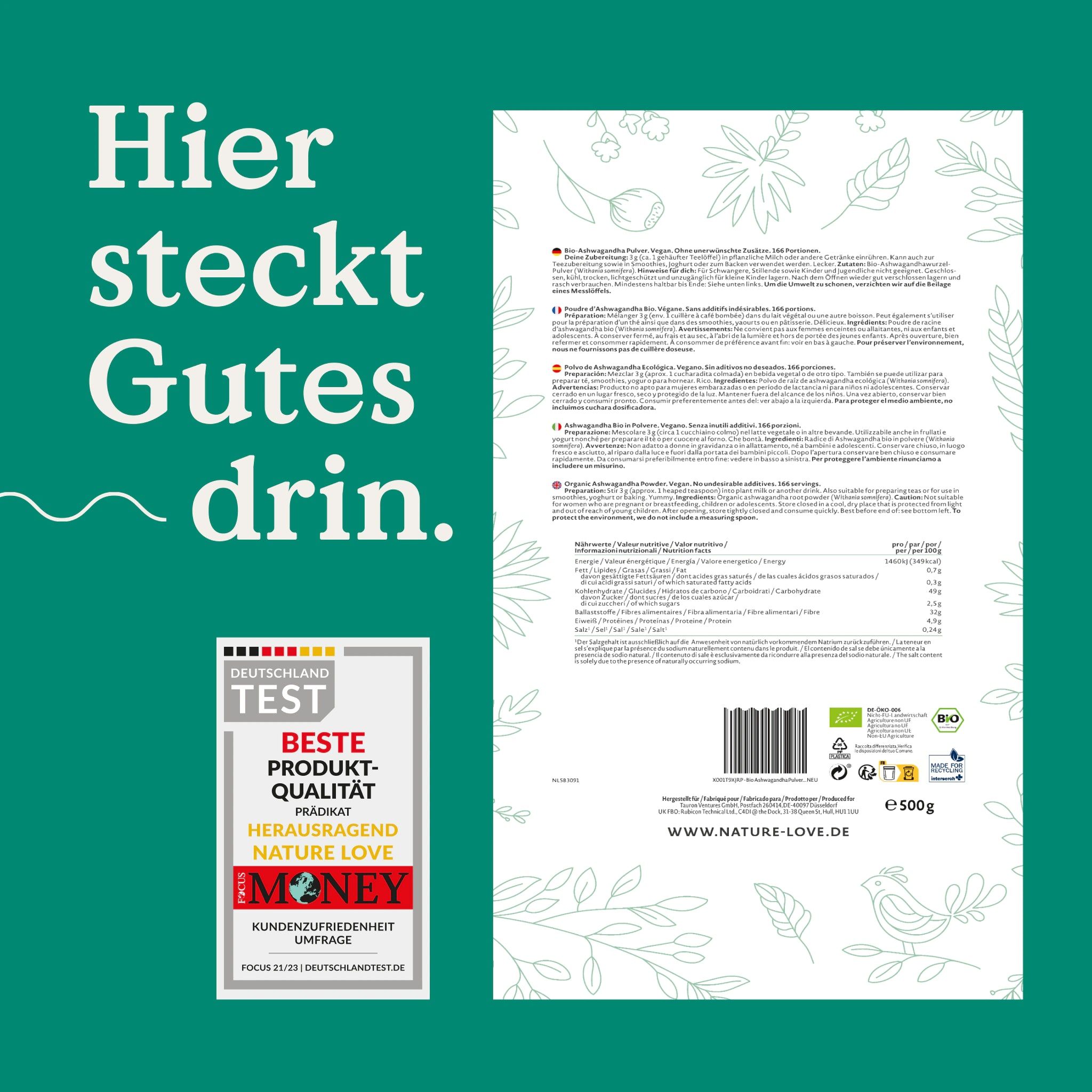 Rückseite der Verpackung mit Text und Nährwertangaben. Logo und Text: NATURE LOVE. 500g. Bio-Siegel.
