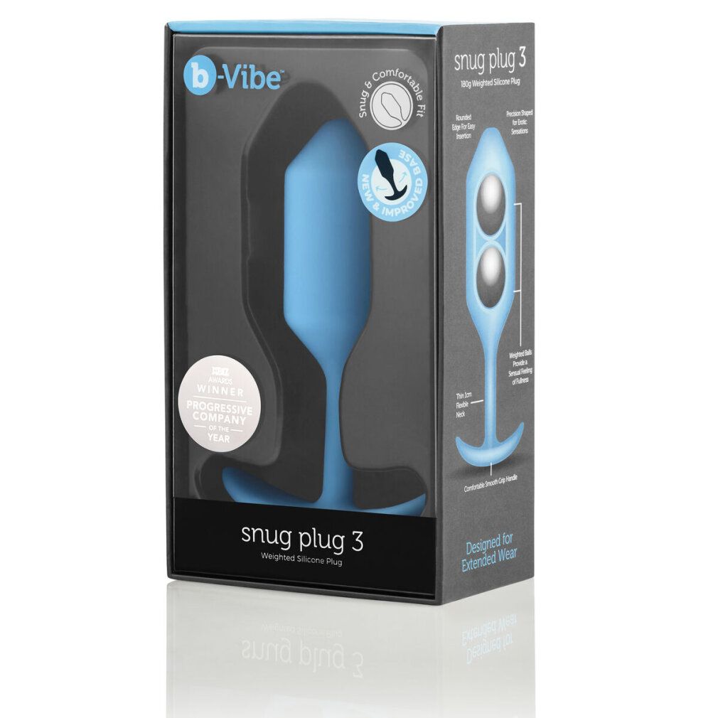 Verpackung mit türkis Plug. Produktname: Snug Plug 3. Text: Weighted Silicone Plug.
