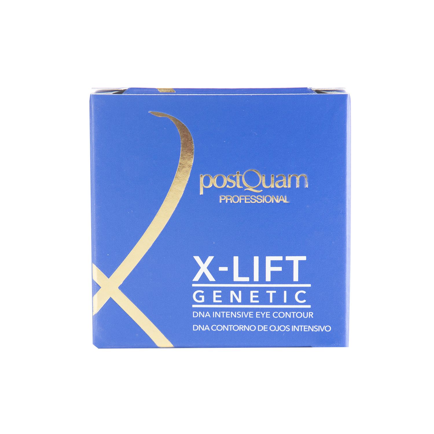 Blaue Verpackung mit goldfarbenem Logo und Schriftzug: X-LIFT GENETIC, DNA Intensive Eye Contour.