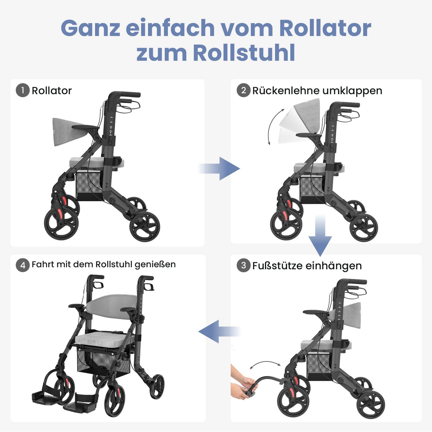 ELONEO 2in1 Rollstuhl Rollator Schwarz