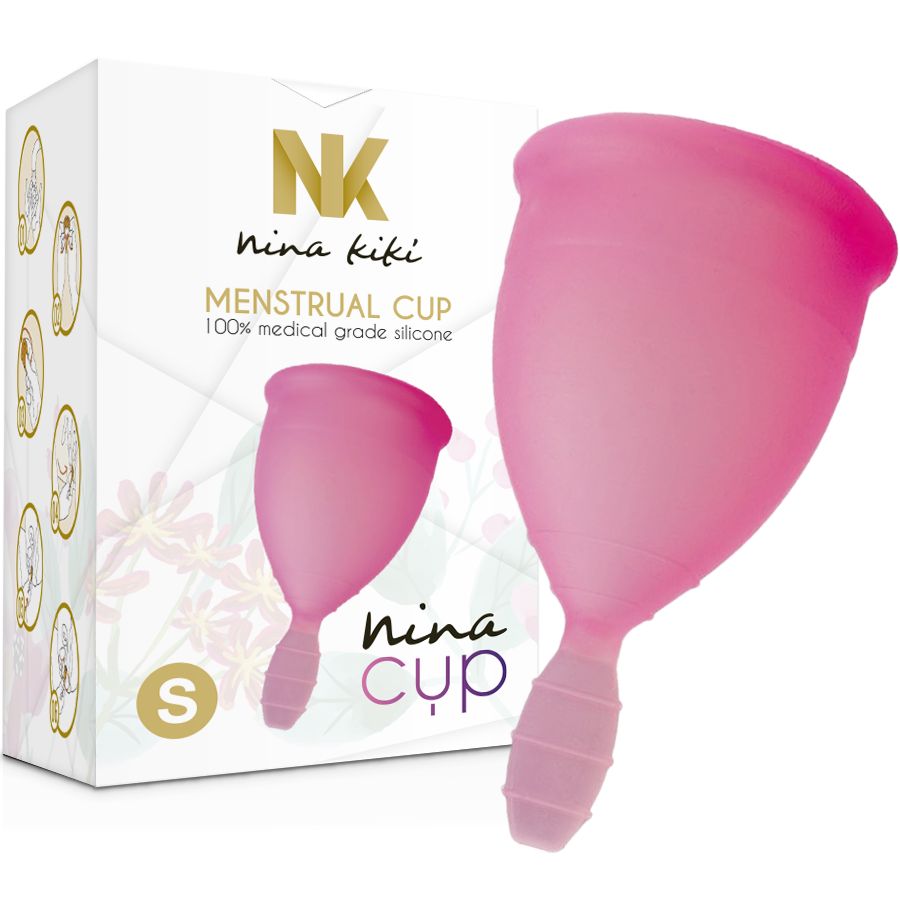 Rosa Menstruationstasse mit Stiel und Verpackung. Aufschrift: Nina Kikí, Menstruationstasse, S. Aus 100% medizinischem Silikon.