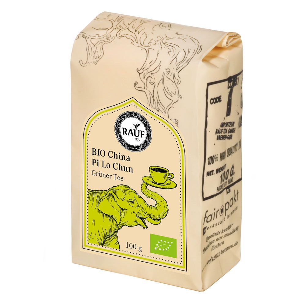 Beutel Rauf Tee Bio China Pi Lo Chun Grüner Tee. Grün-gelbes Etikett mit Elefant. 100g.