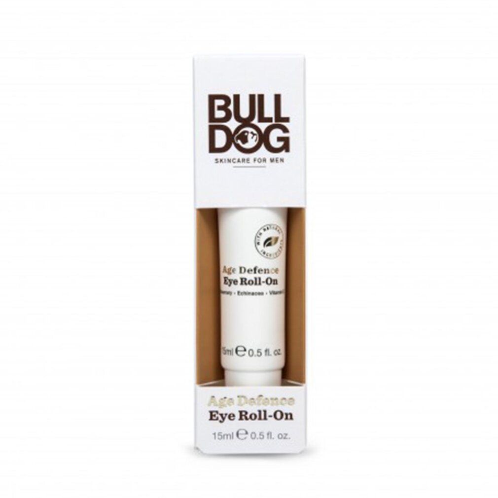 Weißes Produkt in Kartonverpackung. Aufschrift: Bulldog, Age Defence Eye Roll-On. 15ml.