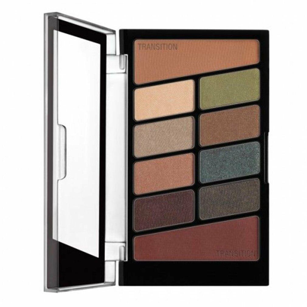 Palette mit 10 Lidschattenfarben. Schwarze Verpackung mit Spiegel. Verschiedene Brauntöne, Grün und Beige.