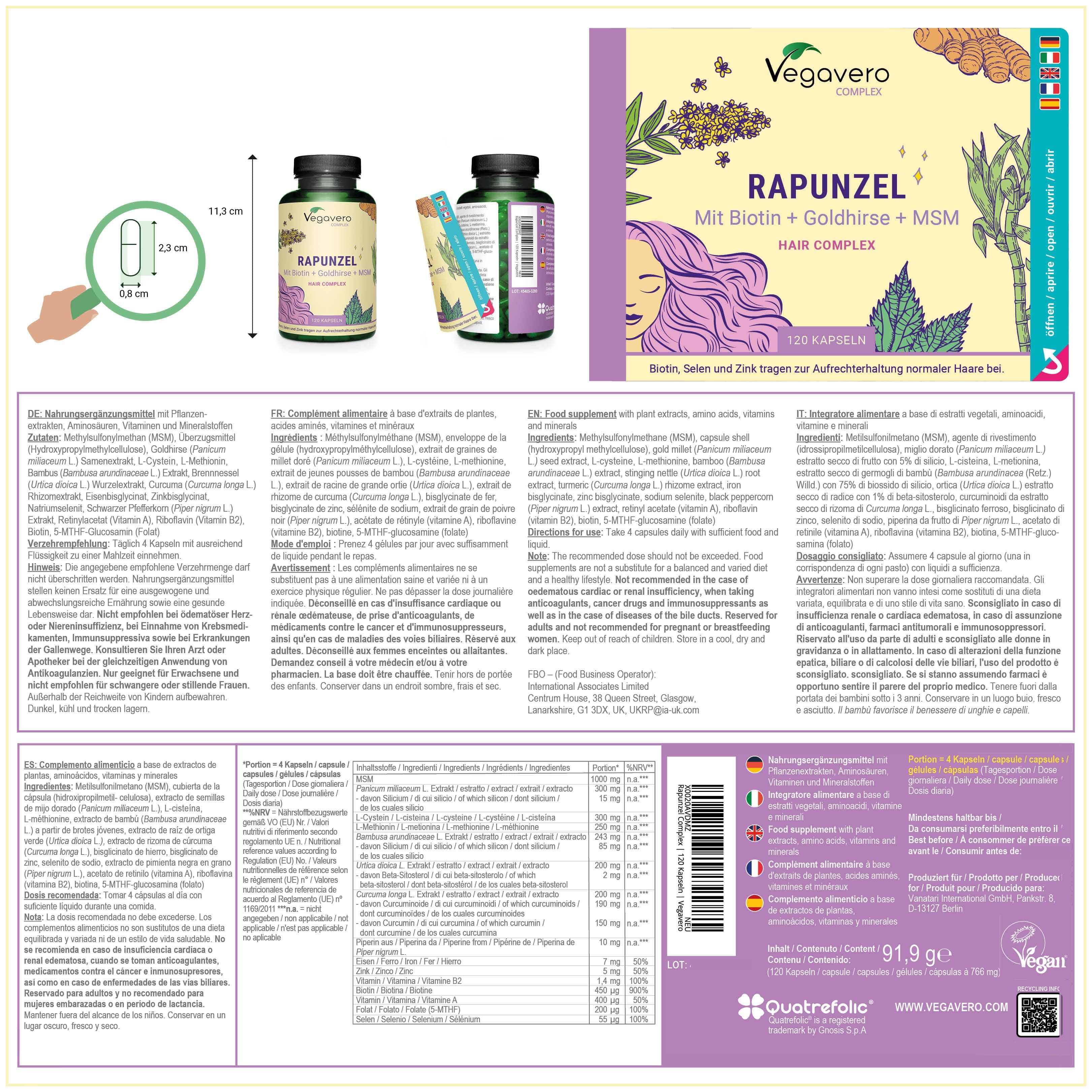 Confezione con capsule VEGAVERO Rapunzel. Informazioni sul prodotto, ingredienti, valori nutrizionali. Con certificazione.