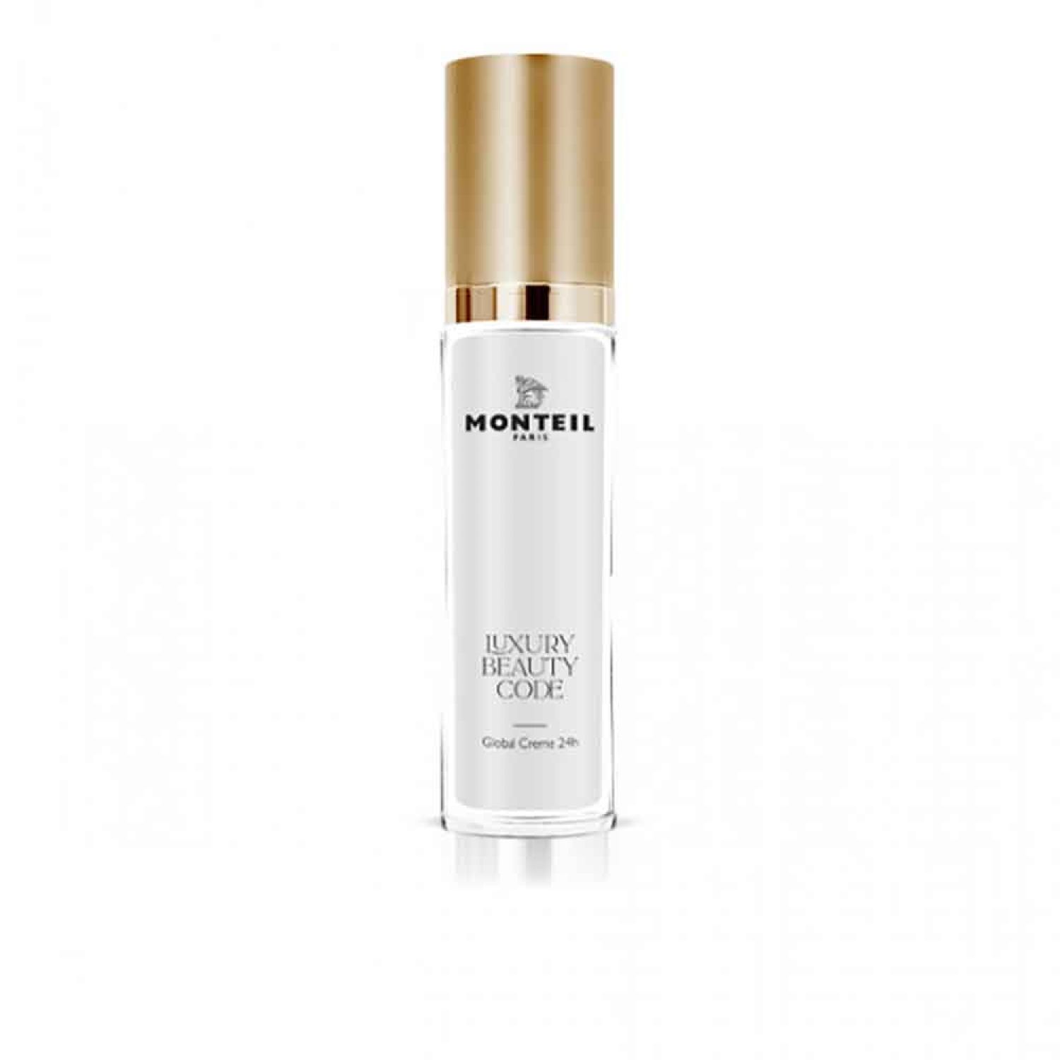 Zylindrische Creme-Flasche mit goldfarbenem Deckel. Aufschrift: MONTEIL PARIS, LUXURY BEAUTY CODE, Global Creme 24h.