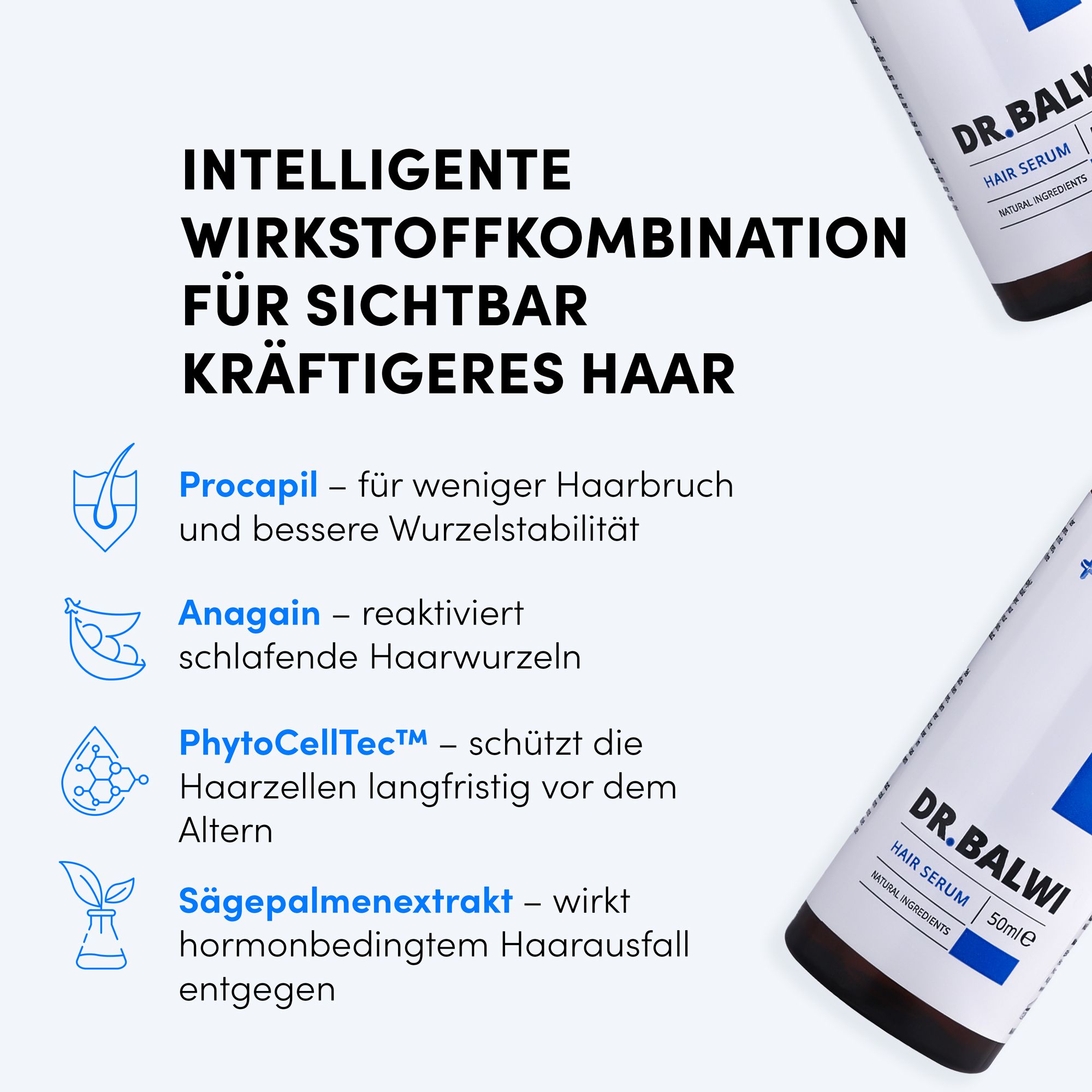 Text mit Überschrift: INTELLIGENTE WIRKSTOFFKOMBINATION. Produktflaschen im Hintergrund.