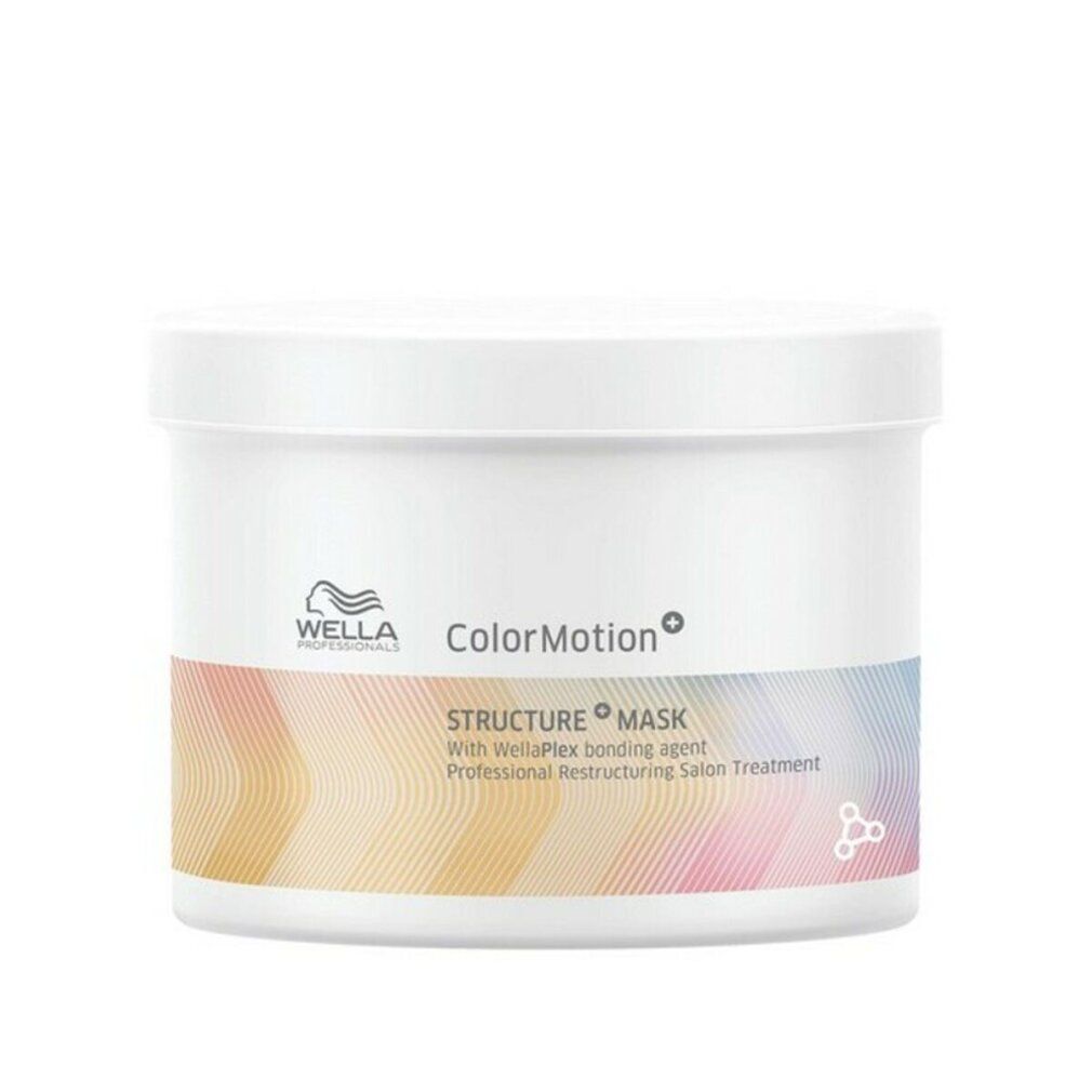 Weißer Tiegel mit farbigem Etikett. Aufschrift: Wella ColorMotion+ Structure Mask.