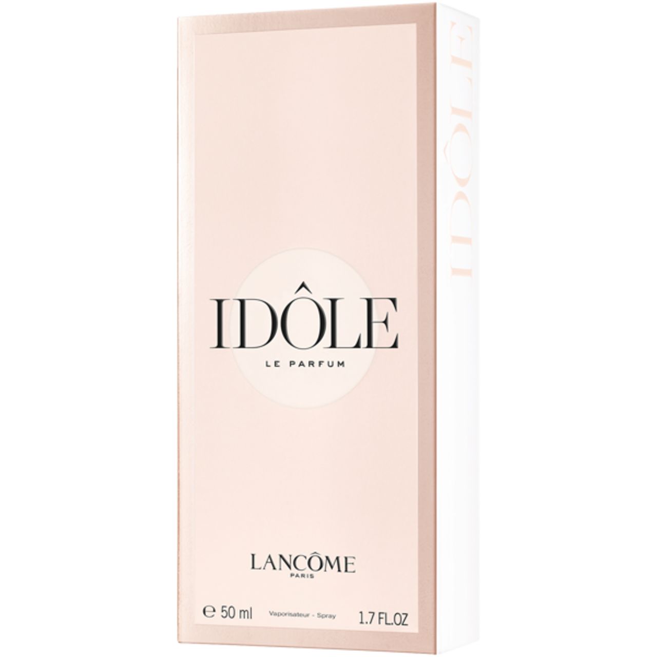 Verpackung mit Aufschrift IDÔLE, LE PARFUM, LANCÔME. 50 ml, 1.7 FL.OZ. Rosa und weiß.