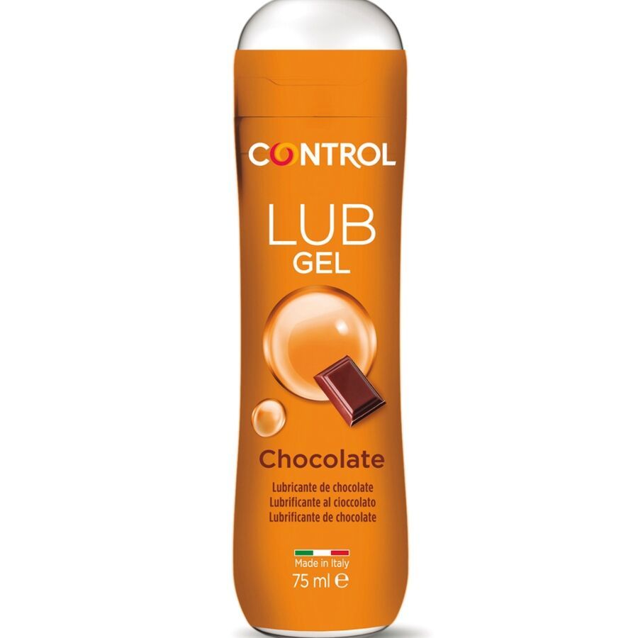 Gleitmittel-Flasche, orange. Marke CONTROL, Aufschrift LUB GEL und Chocolate. Mit Schokoladen- und Flüssigkeit-Illustrationen.