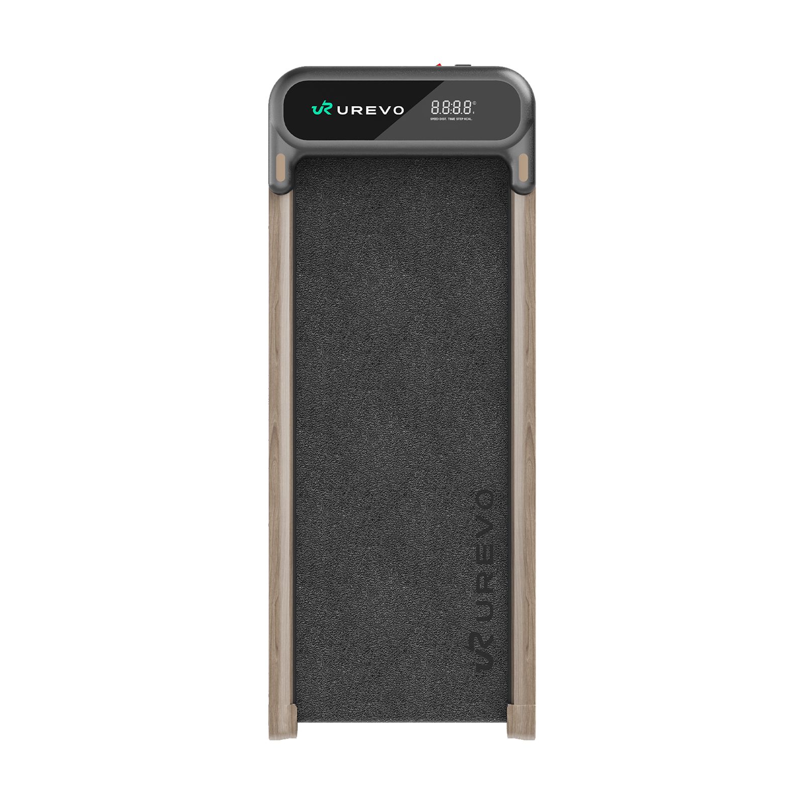 Urevo Spacewalk E4W. Laufband, senkrechte Ansicht. Holzoptik-Rahmen, schwarze Lauffläche. Digitalanzeige.