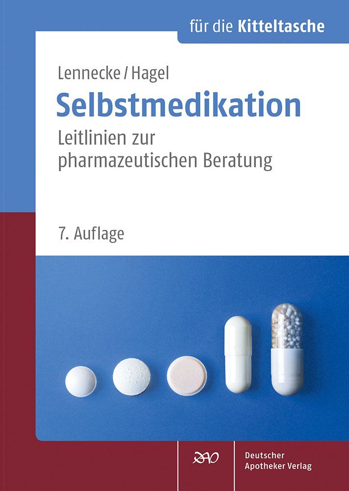 Buch mit dem Titel "Selbstmedikation". Auf blauem Grund sind Tabletten und Kapseln abgebildet. Verlag: Deutscher Apotheker Verlag.