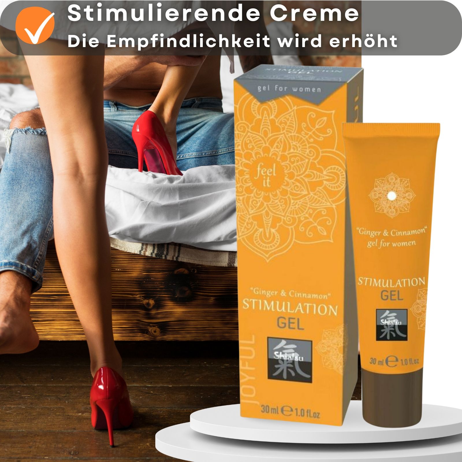 Produktverpackung mit Text. Orangefarbene Schachtel und Tube. Enthält 30ml. Marke: Shiatsu.
